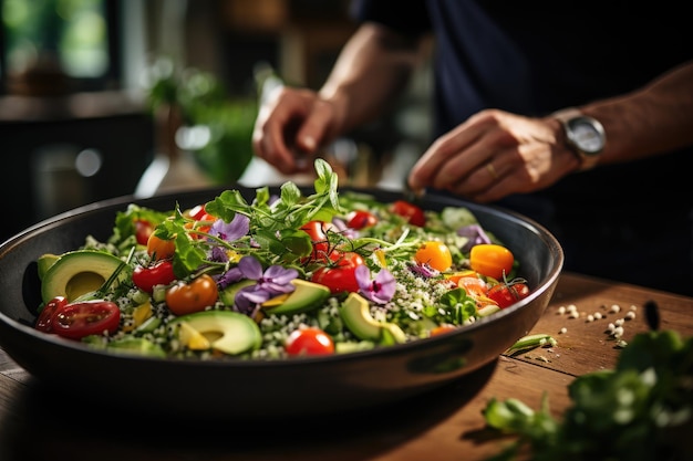 Un professionista assembla una ciotola colorata di verdure di quinoa e avocado a casa generativa IA