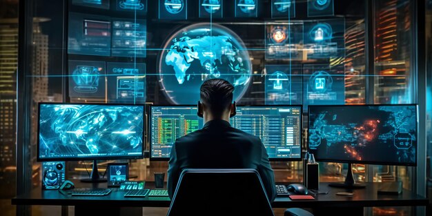 Un professionista della sicurezza informatica che lavora su più monitor che ne visualizzano diversi