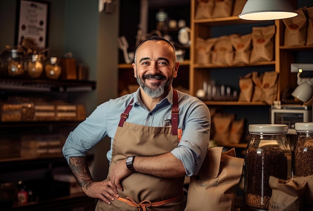 un proprietario di panetteria in grembiule che sorride davanti a un bancone nello stile dell'illuminazione claireobscure