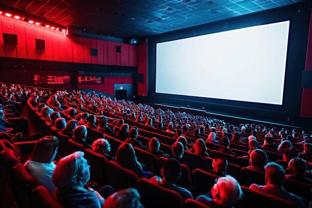 Un pubblico prigioniero in un cinema che guarda un grande schermo bianco in attesa di un film