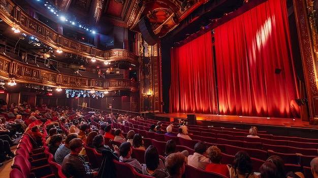 Un pubblico si siede in un teatro e guarda una commedia le tende di velluto rosso sono aperte e il palco è allestito