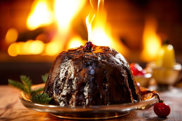 un pudding di Natale fiammeggiante con guarnizione di aglio e un soft focus sui cantanti sullo sfondo