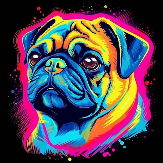 un pug con uno sfondo di neon luminoso ai generativo