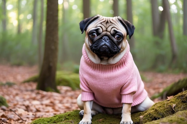 Un pug in un maglione rosa si siede nel bosco