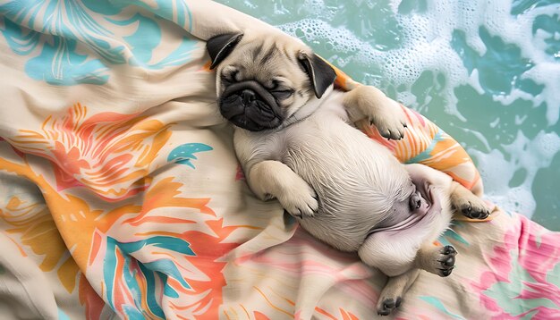 un pug sta sdraiato su una coperta con una stampa floreale