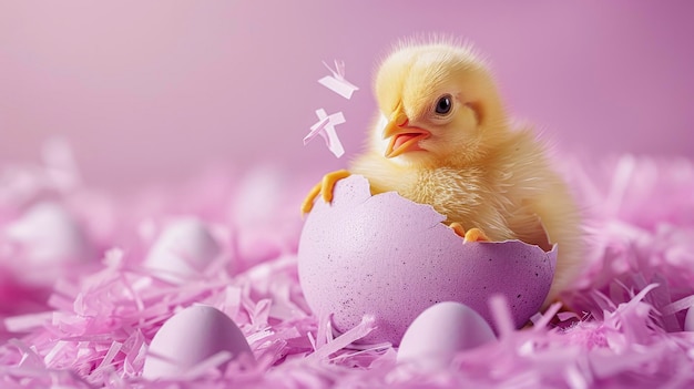 Un pulcino allegro emerge da un guscio d'uovo su uno sfondo rosa morbido