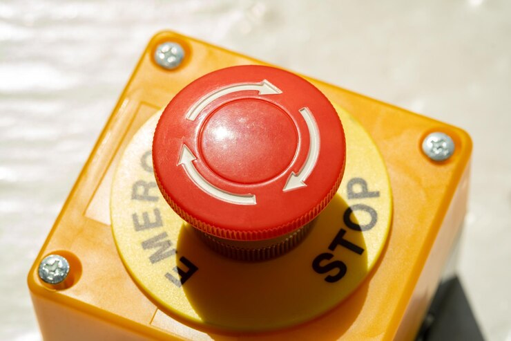 Un pulsante rosso di arresto di emergenza utilizzato per la sicurezza delle apparecchiature industriali, delle macchine, dei sistemi elettrici