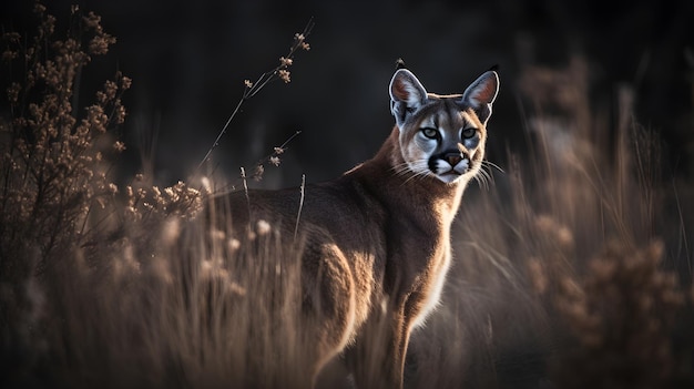 Un puma in un campo di erba alta