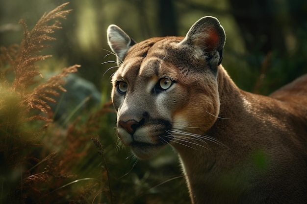 Un puma nei boschi con uno sfondo forestale