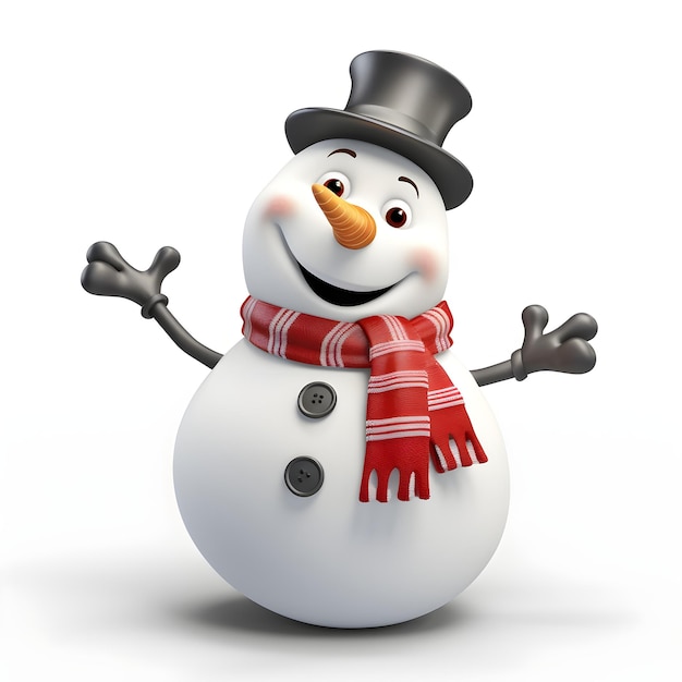 Un pupazzo di neve 3D su uno sfondo bianco isolato Decorazione natalizia e di Capodanno