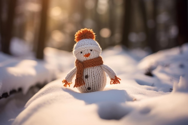 Un pupazzo di neve a maglia fatto a mano sulla neve alla luce del sole