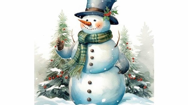 Un pupazzo di neve con cappello e sciarpa si trova davanti a un albero di Natale.