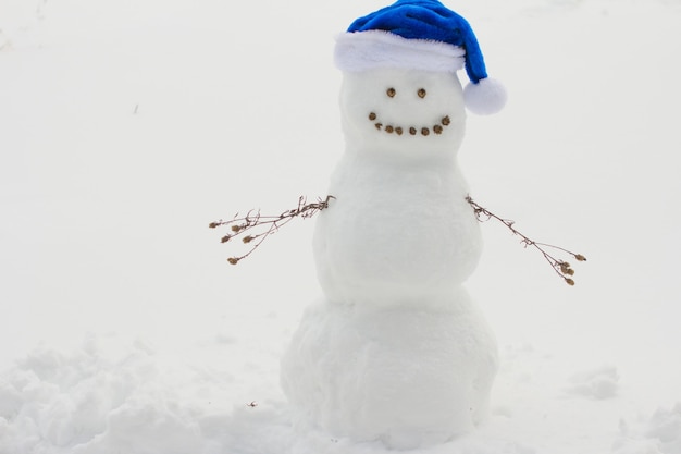 Un pupazzo di neve con un cappello di Babbo Natale. Sulla neve bianca Capodanno Natale