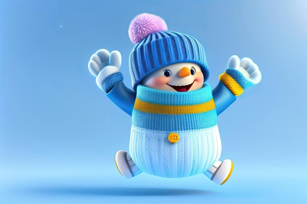 Un pupazzo di neve con un cappello e un cappello blu sta saltando in aria.