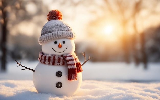 Un pupazzo di neve con un cappello e una sciarpa in piedi nella neve AI