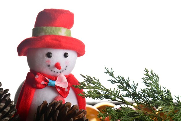 Un pupazzo di neve con un cappello rosso e un fiocco in testa si trova davanti a un ramo di pino.