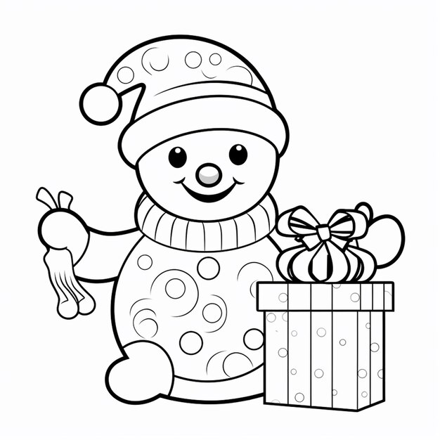 un pupazzo di neve con un regalo e un albero di Natale da colorare pagina ai generativa