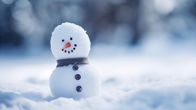 Un pupazzo di neve è in piedi nel mezzo di un campo innevato ai