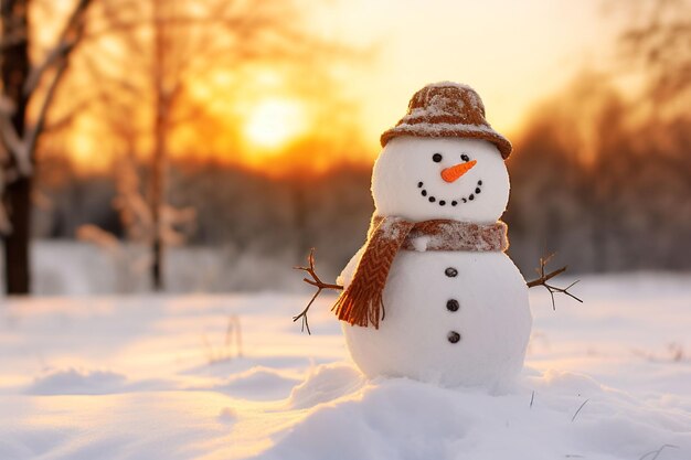 Un pupazzo di neve in un bellissimo giorno invernale soleggiato un pupazzolo di neve allegro in un prato innevato
