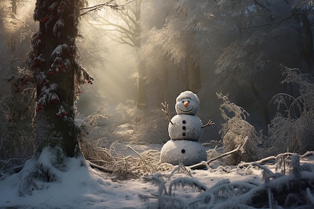 Un pupazzo di neve in una foresta invernale