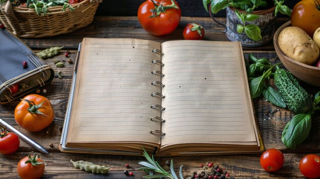 Un quaderno aperto circondato da verdure e spezie