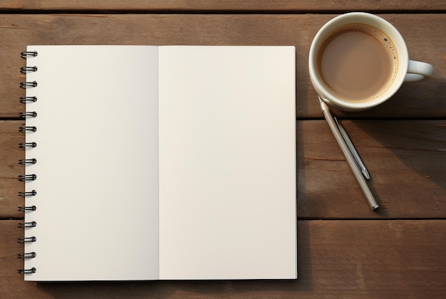 un quaderno bianco accanto a una tazza di caffè e una matita nello stile di sfondi minimalisti