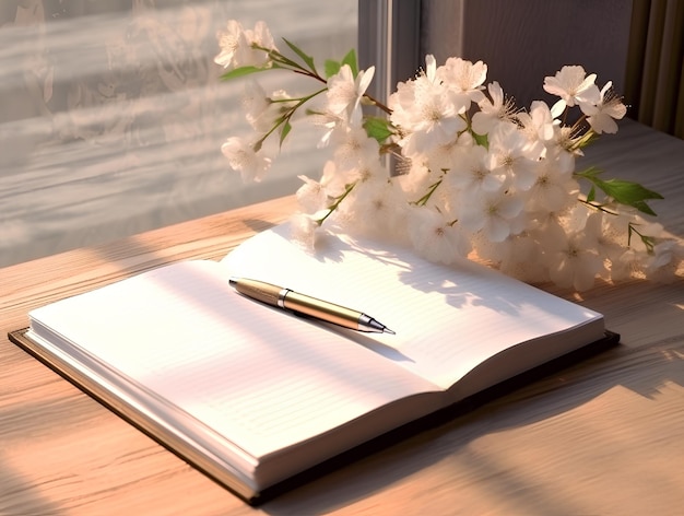 Un quaderno con pagine bianche e una matita sul tavolo Writer Flowers