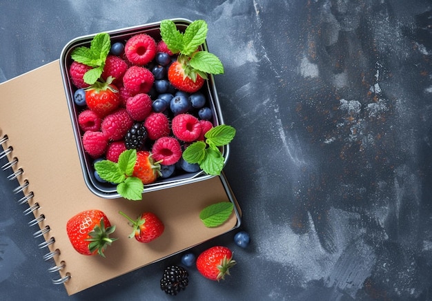 Un quaderno vuoto aperto e bacche e frutta colorate nella scatola da pranzo