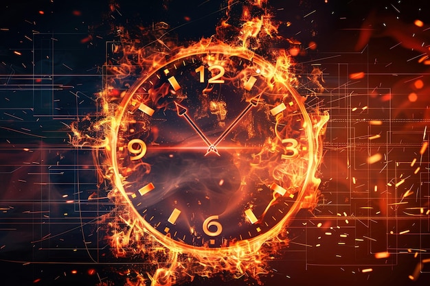 Un quadrante dell'orologio in fiamme con fuoco digitale che simboleggia l'urgenza