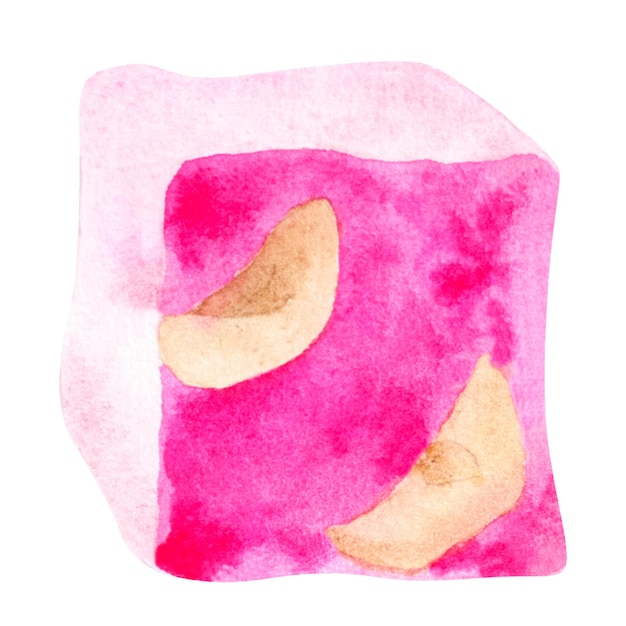 Un quadrato rosa con un quadrato rosa e un alimento giallo.