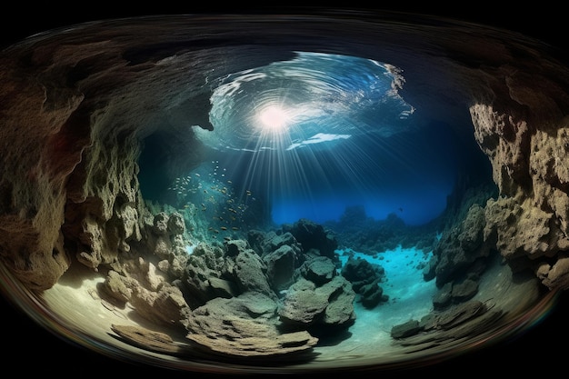 Un quadro ad angolo ampio della grotta sottomarina con la luce che attraversa nello stile del panorama a risoluzione 8k generato da AI