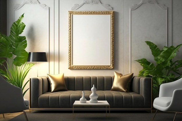 Un quadro incorniciato su una parete con sopra un divano e una lampada.