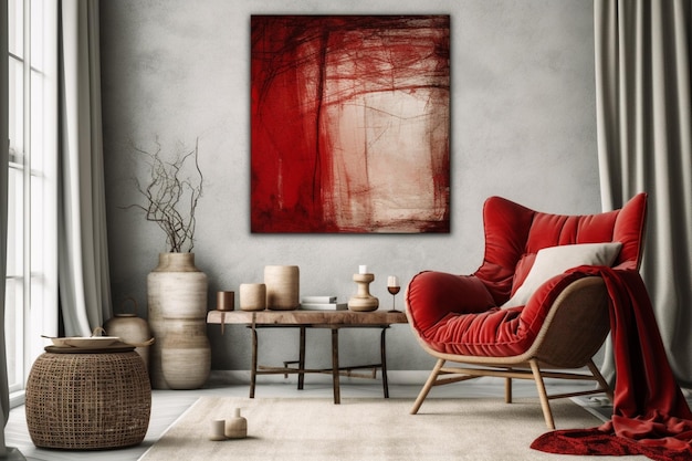 Un quadro rosso e bianco è appeso alla parete di un soggiorno