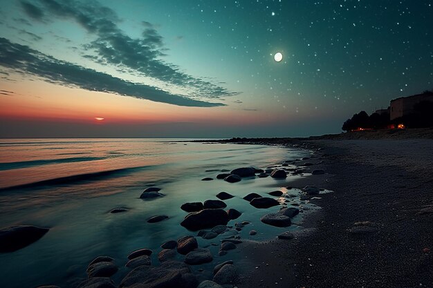 Un quarto di luna che sorge sopra un tranquillo paesaggio marino