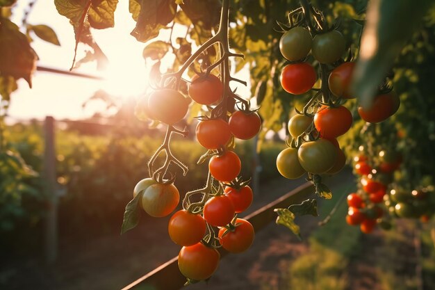 Un raccolto abbondante di pomodori maturi in una fattoria bagnata dal sole della sera IA generativa