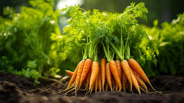 Un raccolto maturo di carote arancioni nel giardino con un raggio di sole è il raccolto autunnale di un prodotto naturale ecologico dal tuo giardino generato dall'IA