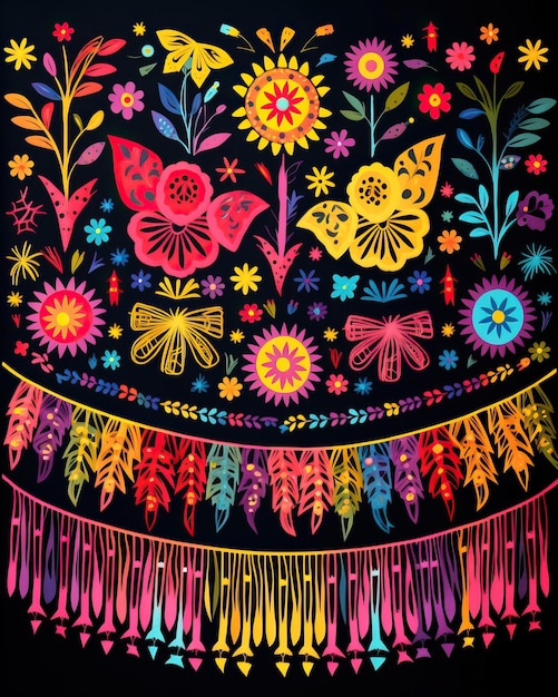 Un radioso disegno di ricamo messicano con una cascata di colorate bandiere di papel picado