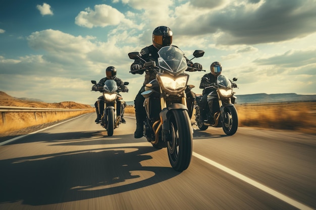 Un raduno di motociclisti che guidano insieme Un gruppo di motociclisti guida motociclette veloci su una strada deserta contro un bel cielo nuvoloso Le moto sportive sono veloci e divertenti da guidare