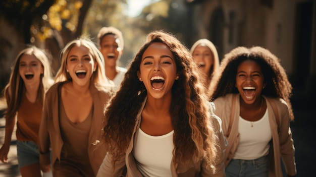 Un raduno gioioso di donne che condividono risate e sorrisi che irradiano felicità e cameratismo