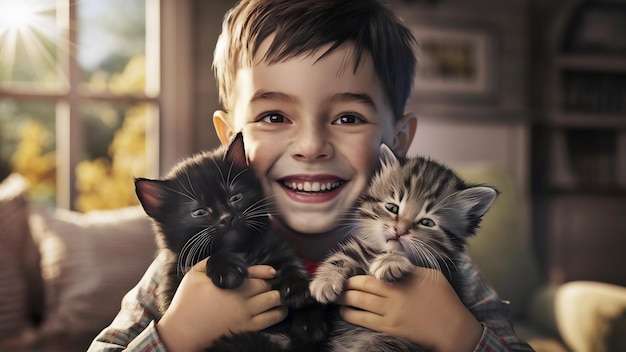 Un ragazzino affascinante tiene due gattini tra le braccia