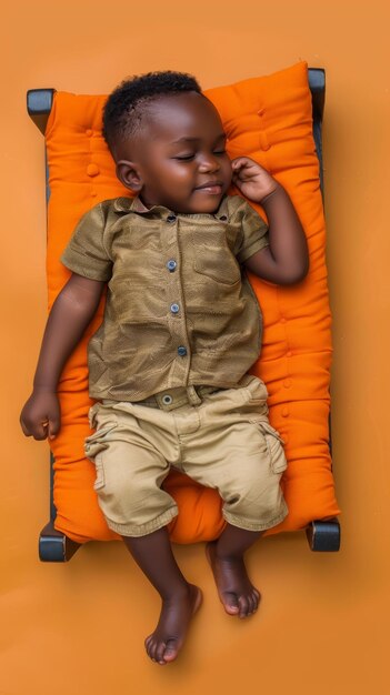 Un ragazzino africano che dorme sorridendo sul piccolo materasso.