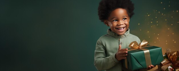 Un ragazzino africano sta aprendo un regalo e ride sullo sfondo verde Banner spazio di copia Generative ai