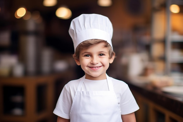 Un ragazzino allegro con il cappello da chef che sorride alla telecamera mentre è in piedi in panetteria