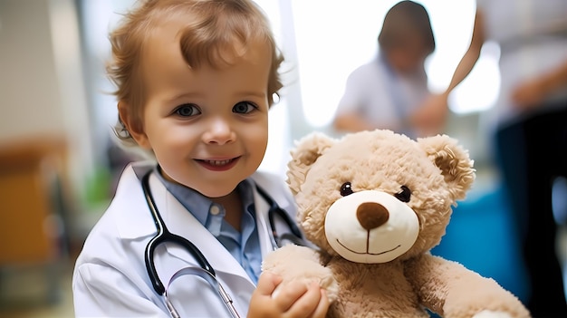 Un ragazzino carino che gioca a fare il dottore in tuta da dottore con un giocattolo di peluche in ospedale