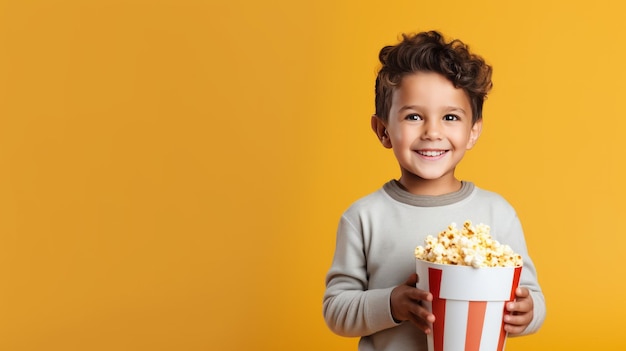 Un ragazzino carino che sorride tenendo in mano una scatola di popcorn generativa AI