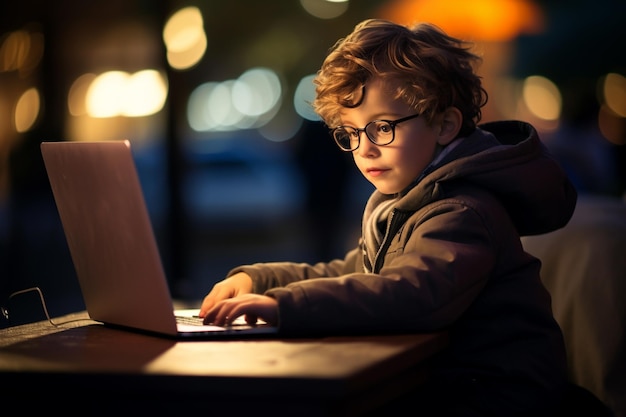 Un ragazzino carino con gli occhiali che usa un portatile di notte.