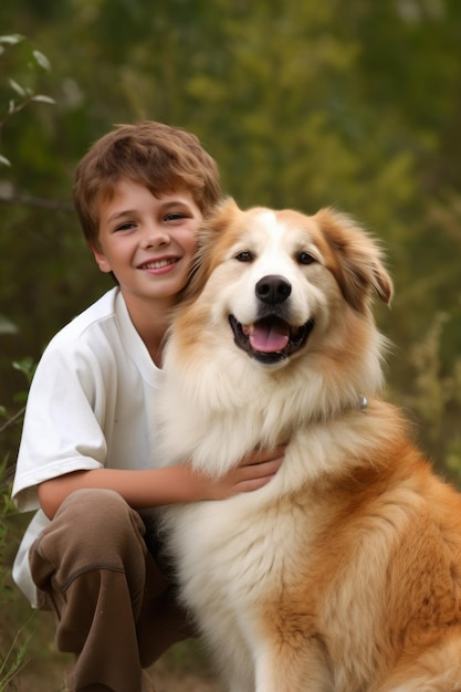 Un ragazzino carino e il suo cane all'aperto