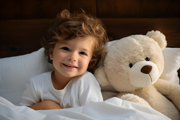 Un ragazzino carino e sorridente con un orsacchiotto da gioco.