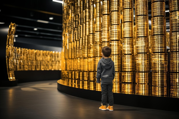 Un ragazzino che affronta enormi pile di monete d'oro che si immerge nel mondo della ricchezza e della finanza