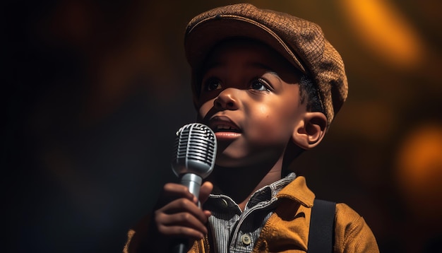 Un ragazzino che canta in un microfono